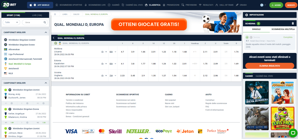 20bet Scommesse dal vivo